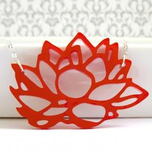 Red Lotus Flower Pendant Necklace - Contemporary..