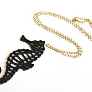 Black Seahorse Long Necklace - Sea Jewelry - Sea..
