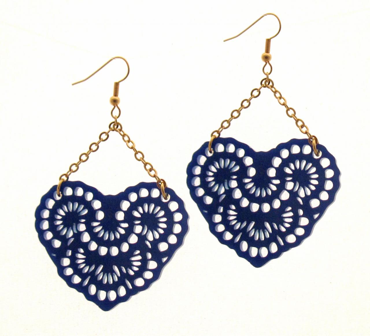 Baronyka French Lace Earrings - Blue Chandelier Earrings - Love Jewelry - Romantic Jewelry - Heart Jewelry - Girlfriend Gift
