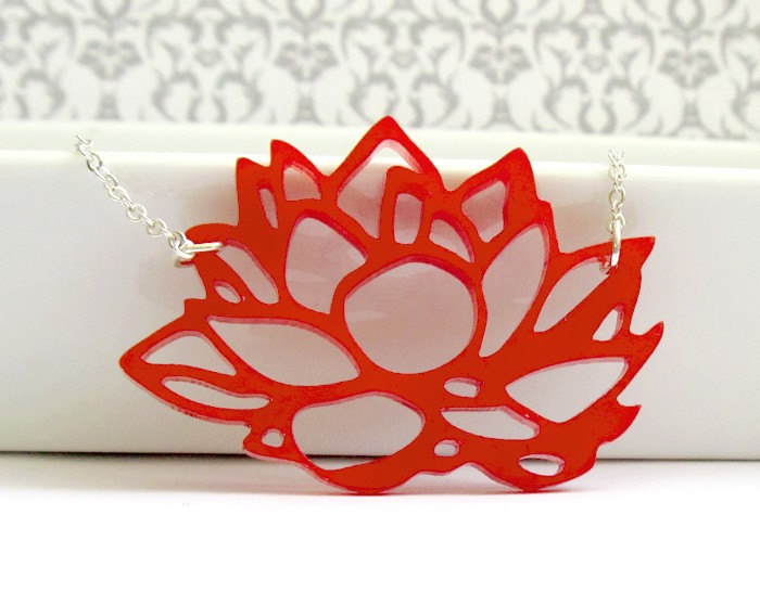 Red Lotus Flower Pendant Necklace - Contemporary Jewelry - Nature Jewelry - Fun Jewelry - Minimalist Jewelry - Romantic Gift