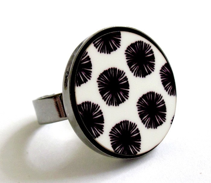 Japanese Flowers In Black And White Ring