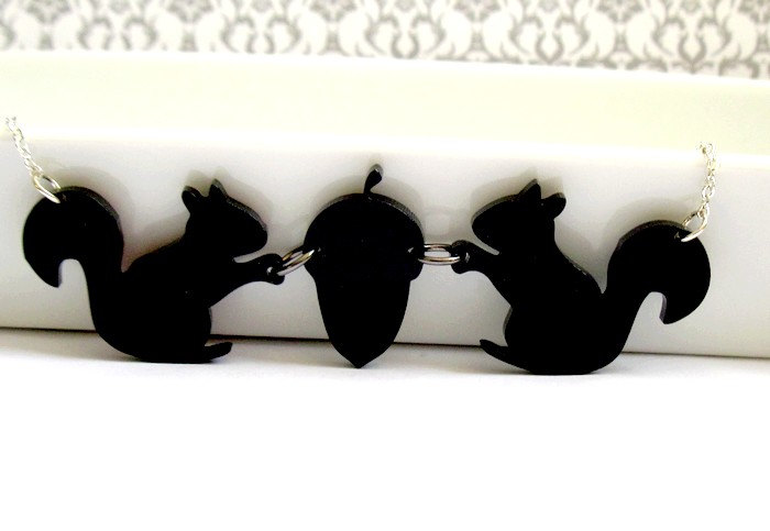 Two Squirrels With An Acorn Necklace - Squirrel Jewelry - Animal Jewelry - Nature Jewelry - Gift For Her - Black Jewelry - Fun Jewelry