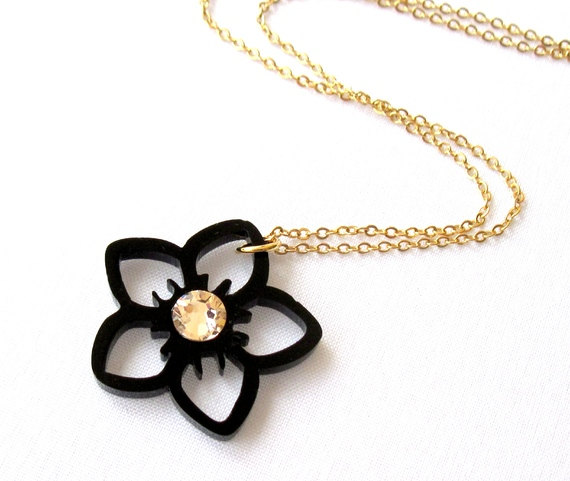 Baronyka Delicate Black Flower Necklace With Swarovski - Black Jewelry - Crystal Necklace - Romantic Jewelry - Romantic Gift - Fun Jewelry